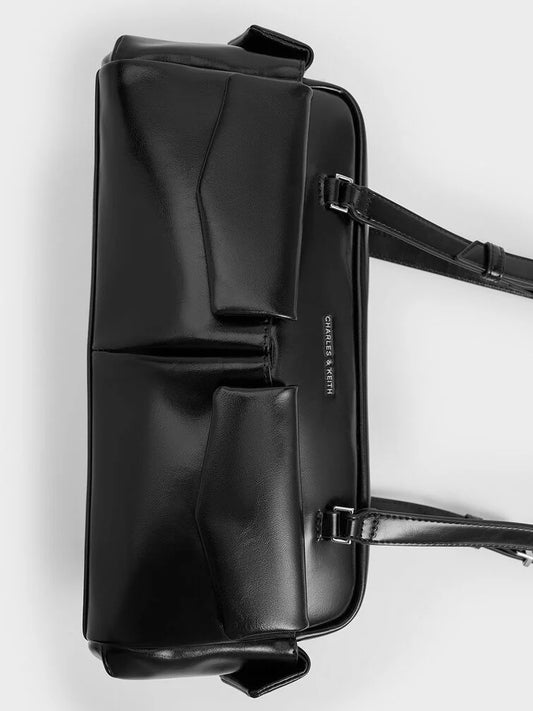 Structured Multi-Pocket Handbag with Silver Hardware – Noir | حقيبة يد متعددة الجيوب بتفاصيل فضية – أسود