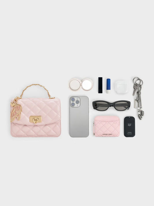 Charles & Ke*th -Cressida Quilted Top Handle Bag With Bag Charms-Gift Box-Cotton Candy Pink