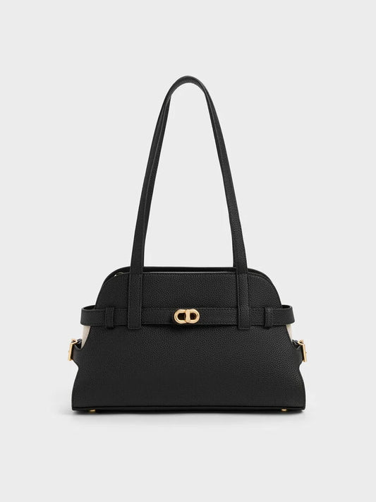 Aubrielle Belted Shoulder Tote Bag - Black | حقيبة كتف وتوت أوبرييل بحزام - أسود