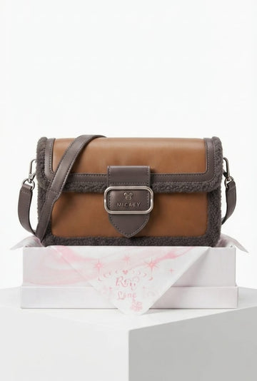 Disney* - Mickey Mouse Faux Shearling Trim Shoulder Bag –  Brown-ON SALE
