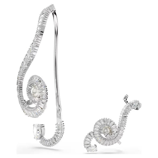 Swar*vski -Ariana Grande x Swarovski clip earrings Asymmetrical design, Crystal pearl, Baguette cut, White, Rhodium plated-5720866