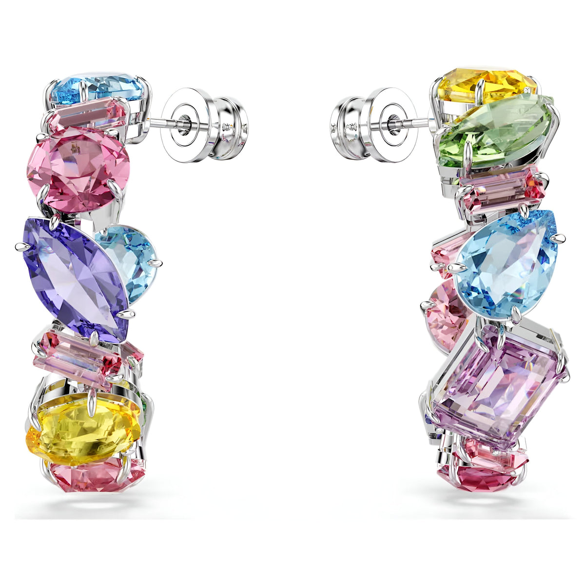 Swar*vski -Gema hoop earrings Asymmetrical design, Mixed cuts, Small, Multicolored, Rhodium plated-5692412