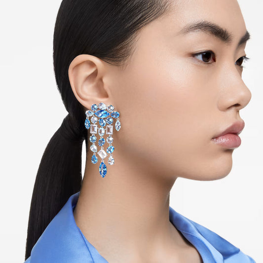Swar*vski -Gema clip earrings Mixed cuts, Chandelier, Extra long, Blue, Rhodium plated-5666015