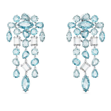 Swar*vski -Gema clip earrings Mixed cuts, Chandelier, Extra long, Blue, Rhodium plated-5666015