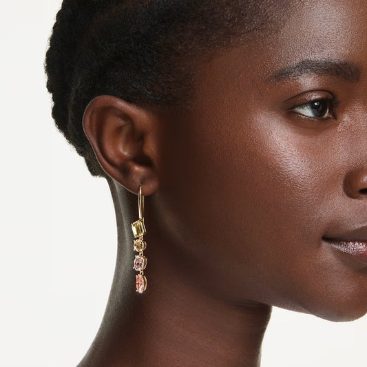 Swar*vski -Gema drop earrings Asymmetrical design, Mixed cuts, Pink, 18K gold finish-5737454