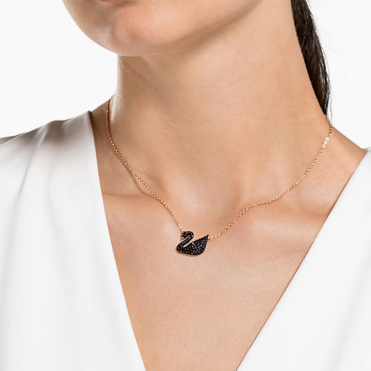 Swar*vski -Swan pendant Swan, Black, 18K rose gold finish-5204134