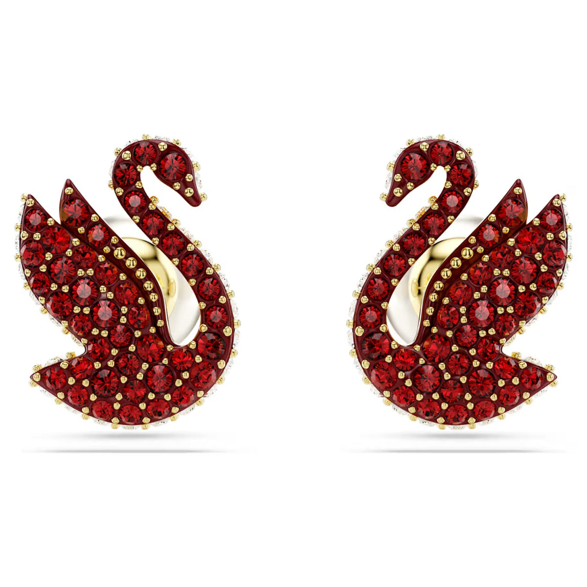 Swar*vski -Swan stud earrings Crystal pearl, Swan, Red, Gold-tone plated-5650063